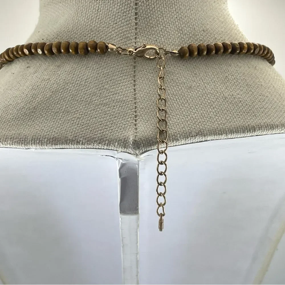 Worthington Wood Glass Stone Beaded Necklace Silk Tassel End Statement Boho